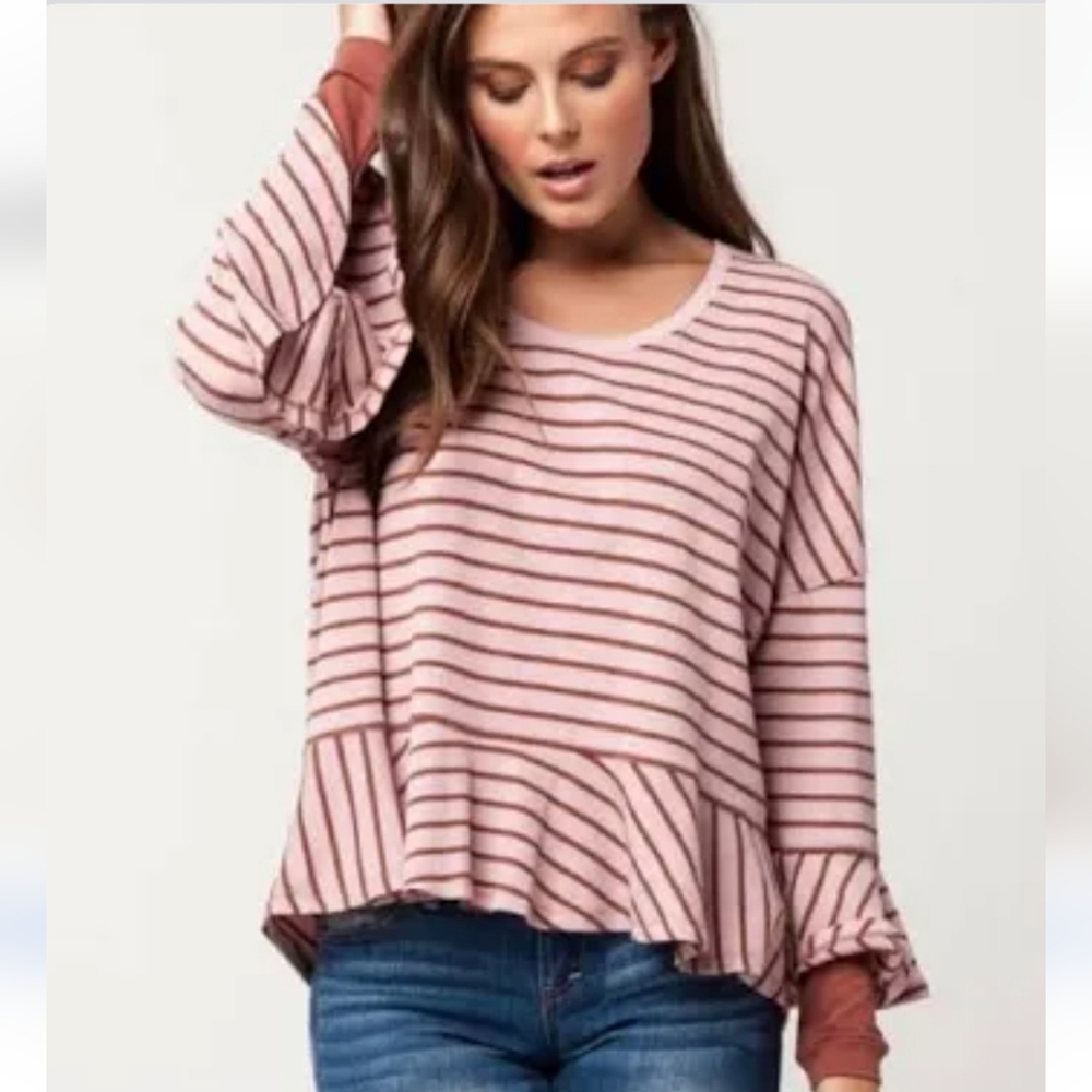 We The Free Rose Brown Striped Tunic Top Size Medium